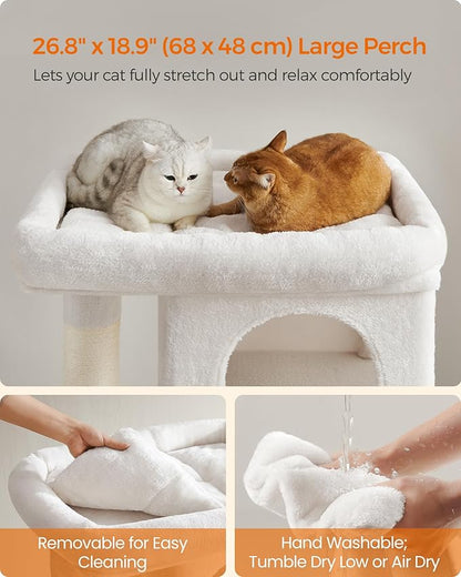 Feandrea Cat Tree, 40.6-Inch Cat Tower, Plush Condo for Extra Large Cats up to 44 lb, Large Perch, 2 Caves, Scratching Post, Cream White UPCT614T01