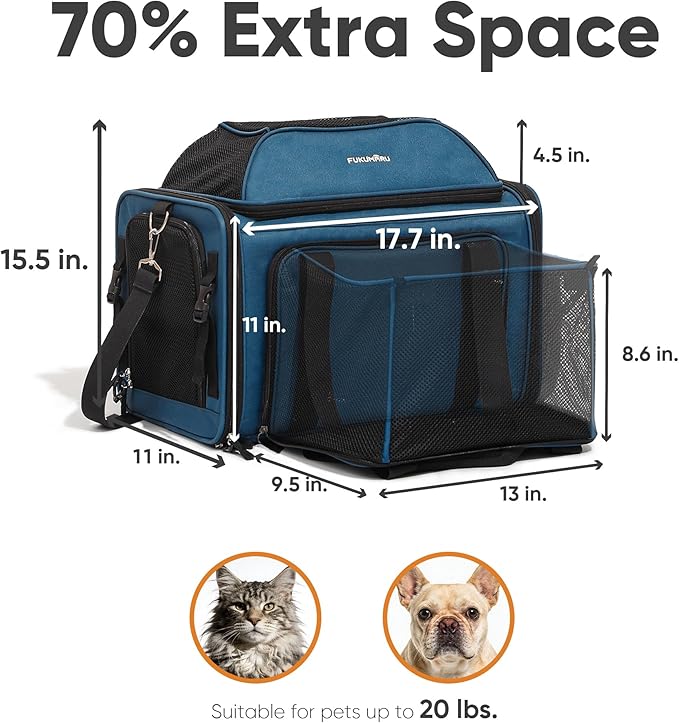 FUKUMARU Cat Carrier, 18x11x11 Expandable Soft Cat Travel Carrier, Ventilate Airline Approved Dog Carrier, Durable Small Dog Carrier with Anti-Scratch Mesh, Escape-Proof Pet Carrier for Cat, Blue
