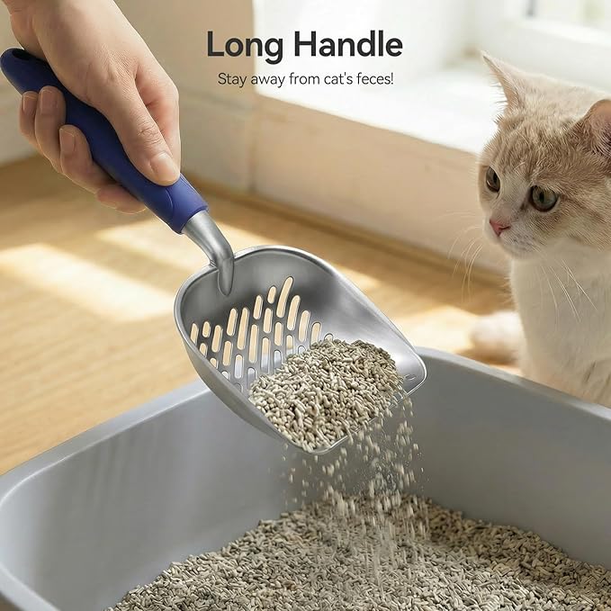 Cat Litter Scoop, Metal Scooper for Cat Box, Aluminum Alloy Sifter, Deep Shovel Poop Cleaner, Long Handle Ergonomic Grip, Rustproof Waterproof Construction, Design for Litter Box Cleaning