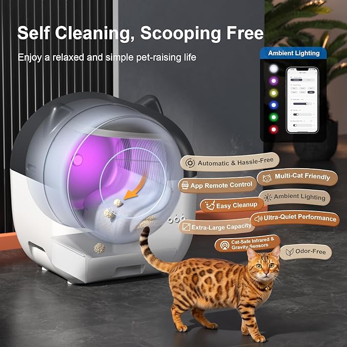 Self Cleaning Litter Box,76L Automatic Cat Litter Box Self Cleaning with APP Control,Low Noise,Safety Protection,Roll Garbage Bags,Deodorizer and Cleaning Brush for Multiple Cats
