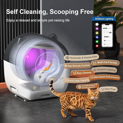Self Cleaning Litter Box,76L Automatic Cat Litter Box Self Cleaning with APP Control,Low Noise,Safety Protection,Roll Garbage Bags,Deodorizer and Cleaning Brush for Multiple Cats