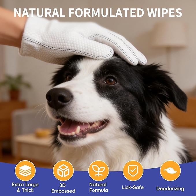 Pet Glove Wipes for Dogs Cats, Grooming Deodorizing Puppy Face Paws Fur and Butt Gloves Wipe, Unscented Extra Thick Travel Cleaning Care Hypoallergenic No Rinse Disposable Bathing Dog Wipes, 24 Pcs