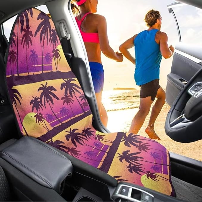 Coldinair Palm Tree Sunset Towel Seat Covers for Cars,SUVs,Trucks,Waterproof Sweating Car Front Seats Protector Cover for Workout,Gym,Beach,Universal Auto Interior Accessories for Women Men
