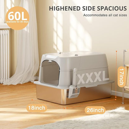 Stainless Steel Cat Litter Box with Lid, 180° Flip-Top XXXL Extra Large Enclosed Litter Box, 26" L x 18" W x 17" H Metal Litter Box with Hight Sides for Big Cats & Multiple Cats-Light Gray