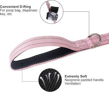 Dual Padded Handle Standard Dog Leashes with Reflective Stitching,360° Rotatable Heavy Duty Metal Buckle,D-Ring,Durable Nylon,for Medium Sized Dogs from 20 to 60 Pounds Walking and Training Pink 5Ft