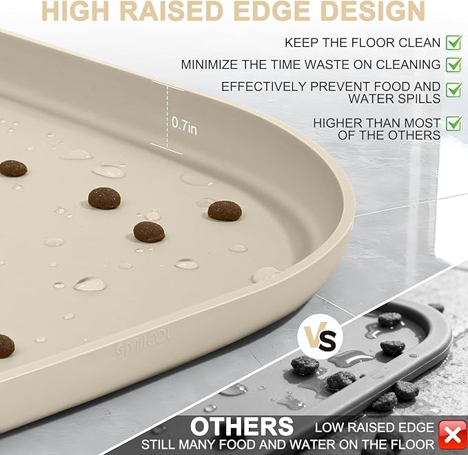 Small Silicone Pet Food Mat with Raised Edge for Food and Water Bowl, Square Dog Feeding Mats, Cat Food Trays for Floor Waterproof, Rubber Tray for Dogs and Cats, 12 x 12 x 0.7 Beige
