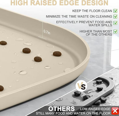 Small Silicone Pet Food Mat with Raised Edge for Food and Water Bowl, Square Dog Feeding Mats, Cat Food Trays for Floor Waterproof, Rubber Tray for Dogs and Cats, 12 x 12 x 0.7 Beige