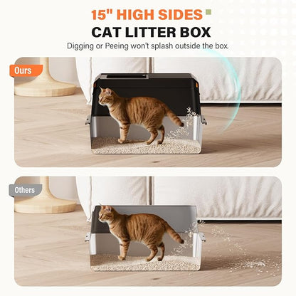 Removable Stainless Steel Cat Litter Box with lid, Side & Top Entry Kitty LitterBox，Cat Litter Box Enclosure, XL Extra Large High-Sided Metal Cat Box with Scoop, Footboard (Black)
