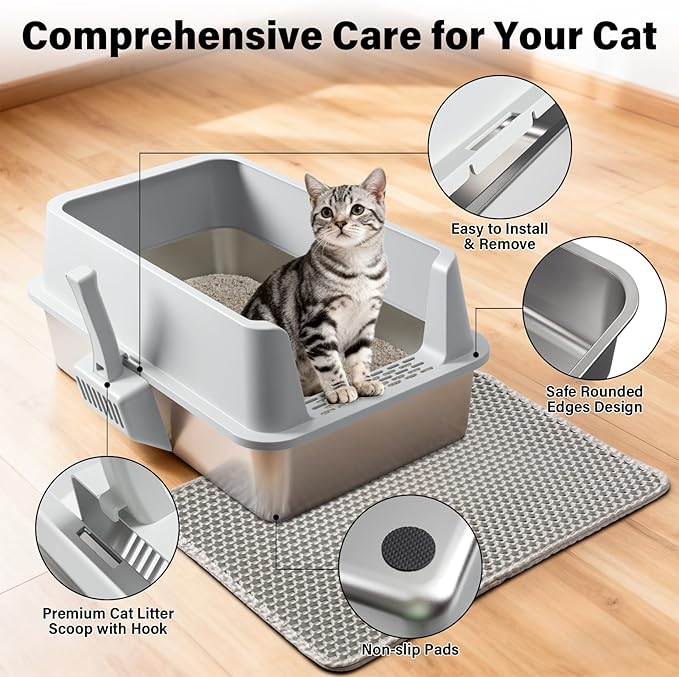2PCS XL Stainless Steel Cat Litter Box with Lid,Metal Litter Box High Sides for Big/Multiple Cats,Open Design,Indoor,1-Mat and 1-Scoop,Easy to Clean, No Odor,Anti-Urine Leakage