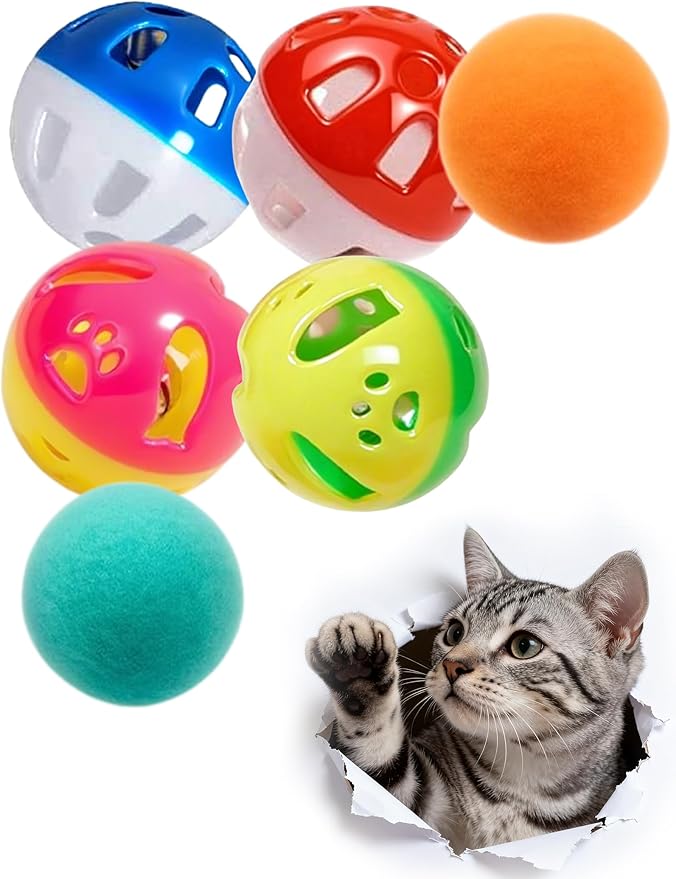 6 Pcs Indoor Cat Toys Balls for Kitten with 4 Bell Balls 2 Plush Balls Soft Durable Interactive Play for Cats (1.5'')