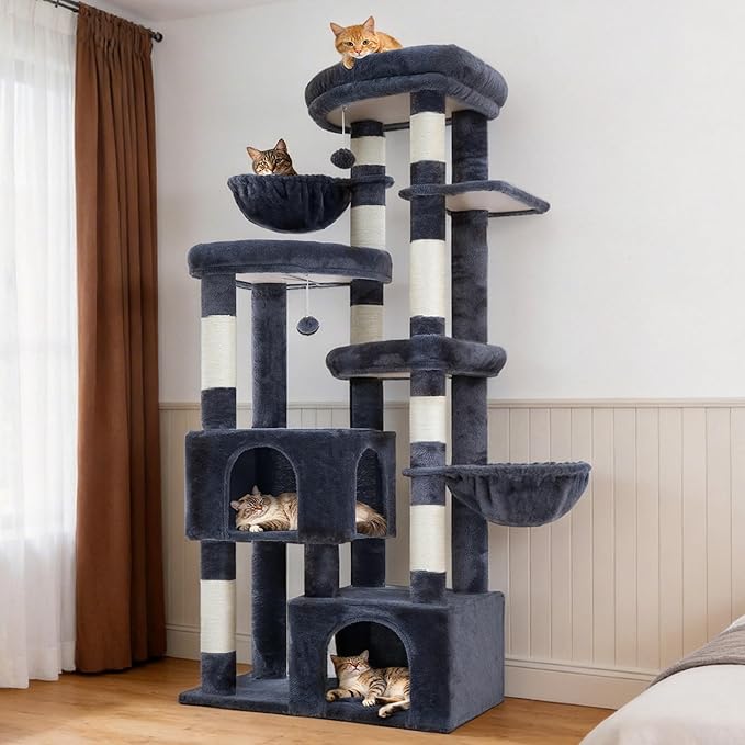 Hey-brother Cat Tree, 67.3 Inches Tower with 3 Soft Platform Beds, 2 Large Condos, 9 Sisal Scratching Posts, 2 Hammocks and Toys, Multi-Level Step House for Multiple Indoor Kittens, Smoky Gray MPJ084G