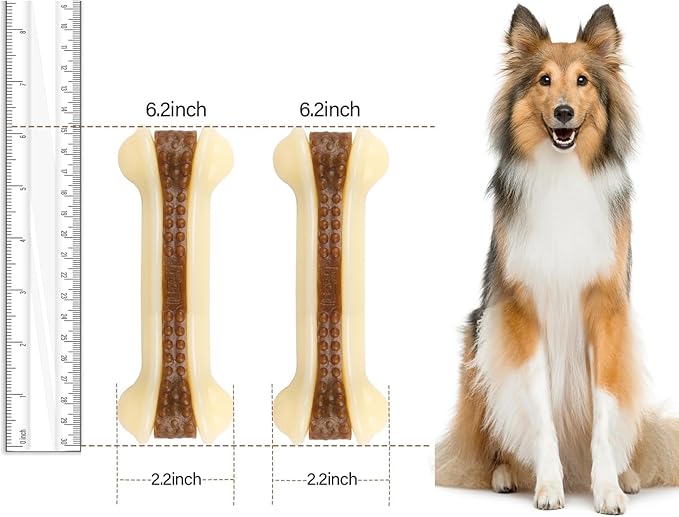 Dog Chew Toys for Aggressive Chewers, 2 Pack Beef Flavor Tough Dog Bones for Large/Medium Breed Dogs, Nylon Dog Toys for Teething and Training