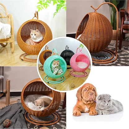 Pet Swing Bed with Removable Cushion & Hanging Ball Detachable Hanging Swinging Hammocks for Indoor/Outdoor Wicker Pets Swing Bed for Cat, Small Dog, Small Animals(Brown)