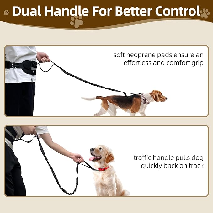 Hands Free Dog Leash with Zipper Pouch, Dual Handle Retractable Reflective Heavy Duty Bungee Leash for Small & Medium Dog Running Walking Jogging Training Hiking, Black
