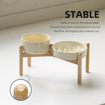 Ceramic 1.2 Cup Raised Slow Feeder Dog Bowl Set, Elevated 6.1inch Bowl and 7.3inch Puzzle Slow Food Dish with Wooden Stand for Medium and Small Dog, Anti-Gulping (2 xLight Yellow+ Stand)