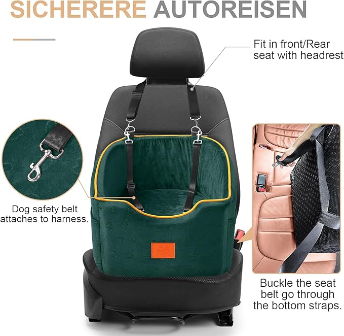 XIEEAOZEE Dog Car Seat for Small Dogs, Memory Foam Booster Dog Seat for Dogs up to 35 lbs, Elevated Pet Car Seat, Travel Safety Pet Seat with Washable Removable Cover, Storage Pockets (Green)