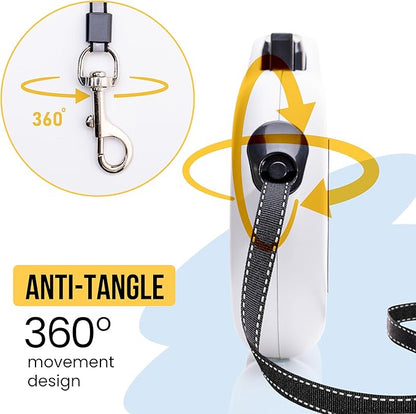 Award-Winning Retractable Dog Leash for Small and Medium Dogs (Max 55 lbs), Clip & Go System with Reflective Tape and Ergonomic Handle, Includes Clips, Poop Bag Holder and Dispenser, White
