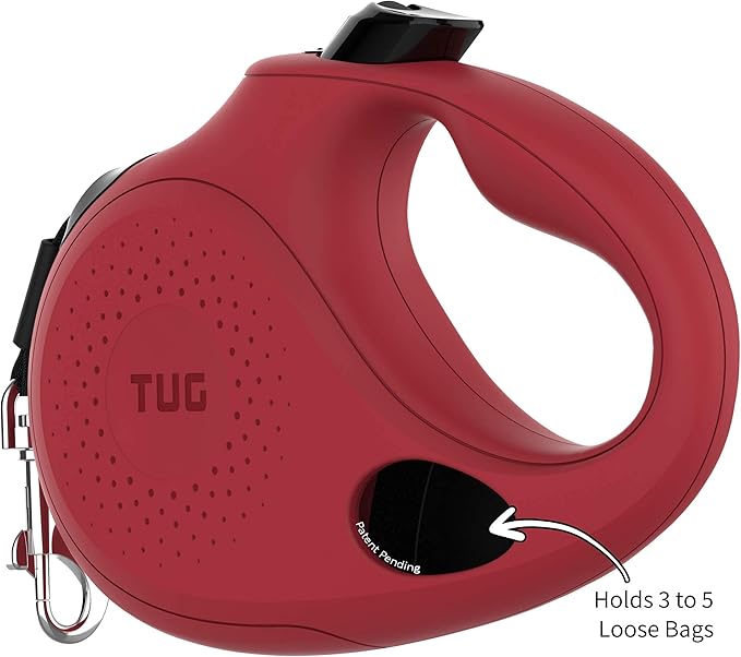TUG Oval 360° Tangle-Free Retractable Dog Leash with Integrated Waste Bag Dispenser (Small, Red)