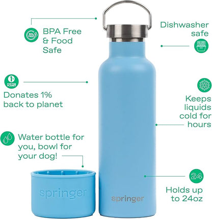 Springer Dog and Me Water Bottle, Stainless Steel Insluated Water Bottle, Keeps Water Cold for 12 Hours (Sky Blue)