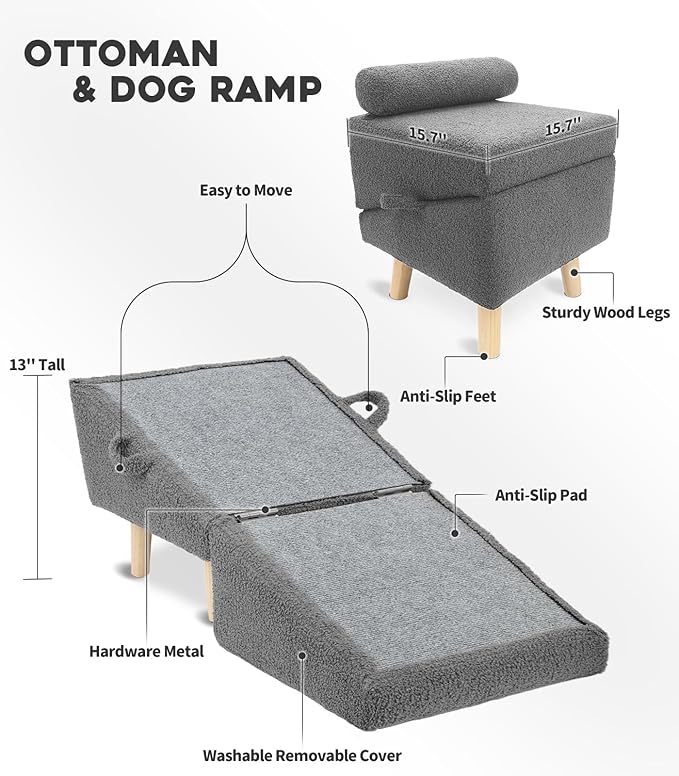 Dog Stairs for Small Dogs and Cats – 2-in-1 Dog Ramp for Couch and Low Bed, 16.5'' Foldable Wooden Pet Ramp, Sturdy Multi-Use Split Ottoman Design, Dark Grey