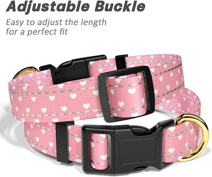 Reflective Dog Collar for Medium Dogs, Cute Adjustable Heavy-Duty Nylon Puppy Collars for Boy and Girl Female, Soft Pet Accessories with Quick Release Buckle, Neck 14-20", Pink Hearts