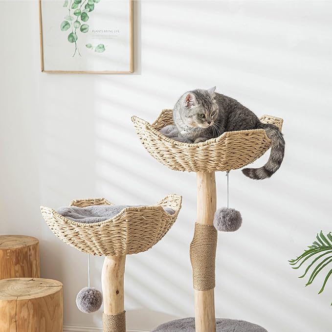 Modern Cat Tree for Indoor Cats Large Adult, 46.5" Tall Wooden Cat Tower for Large Cats with Scratching Post, Luxury Cat Condo, Grey