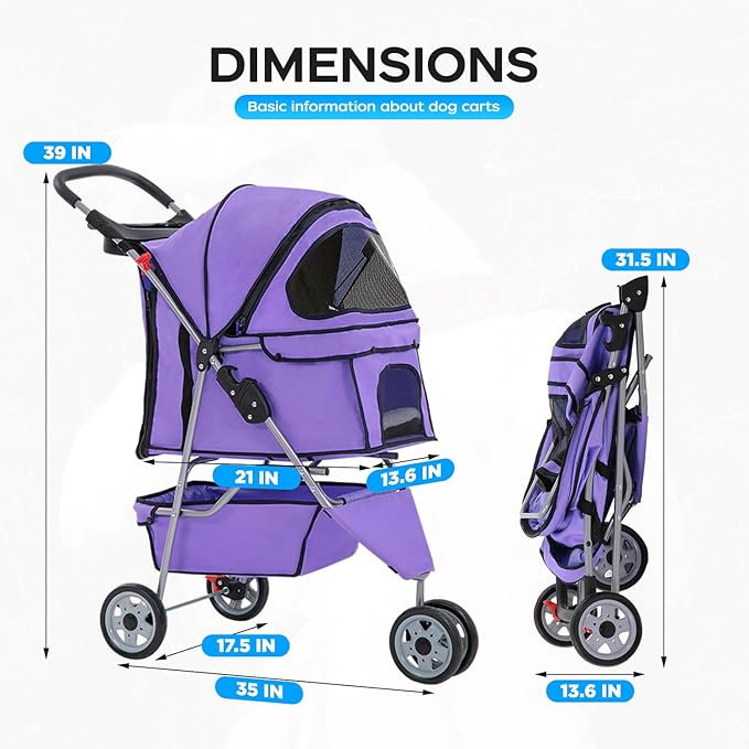 BestOffice Pet Stroller for Small Medium Dogs & Cats, 3-Wheel Foldable Dog Stroller with Cup Holder, Lightweight Travel Carrier, Waterproof Design for Outdoor Walks, Purple