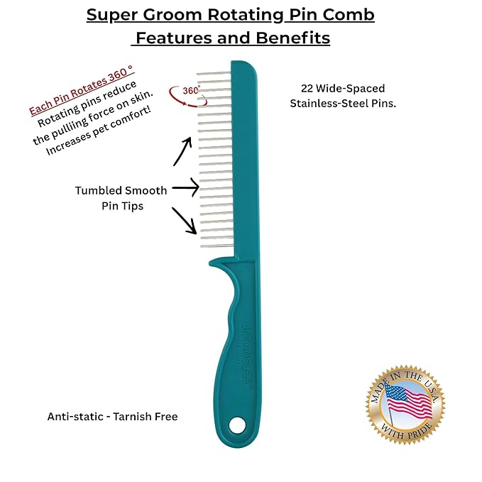 Super-Groom Combs with Smooth Rotating Teeth for Painless Mat Removal (22 Coarse Teeth, Teal Green)