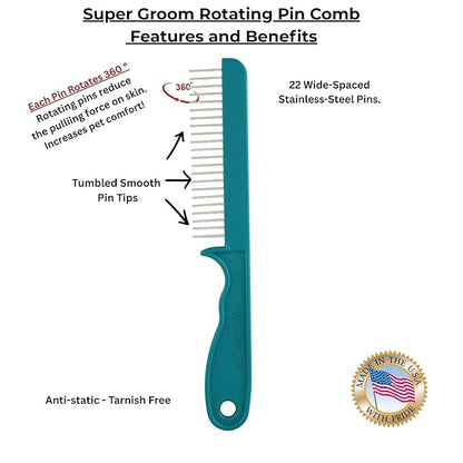 Super-Groom Combs with Smooth Rotating Teeth for Painless Mat Removal (22 Coarse Teeth, Teal Green)