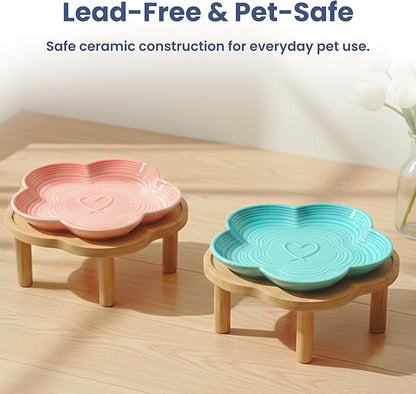 PawsPik Flower Ceramic Cat Feeding Plate with Raised Bamboo Stand, Elevated Whisker-Friendly Pet Bowl, Anti-Slip Stable Design, Dishwasher Safe (Pink)