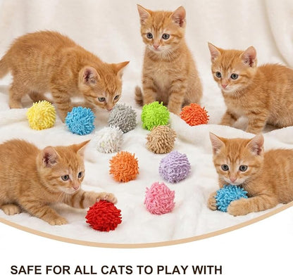 10 Pcs Pom Pom Balls for Cats,Multi-Colored Soft Fuzzy Balls for Cats,Cat Fuzzy Ball with Bell,for Feline's Body and Brain Workout and Indoor Kitten