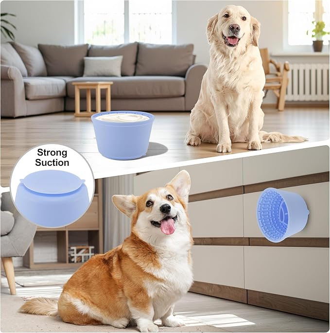 Slow Feeder Dog Bowls, Silicone Dog Lick Bowl with Brush & Scraper, Non-Slip Base Slow Feeder for Anxiety Alleviating & Oral Health, Sky Blue