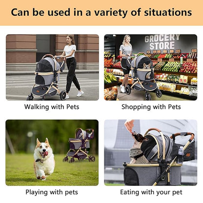 Pettingzoo Dog stroller with 4 Wheels, Folding Cat Stroller for Small/Medium/Large dogs & cats to 60 lbs, pet stroller with removable carrier, Storage BasketCup Holder,3 in1 Multifunctional Detachable