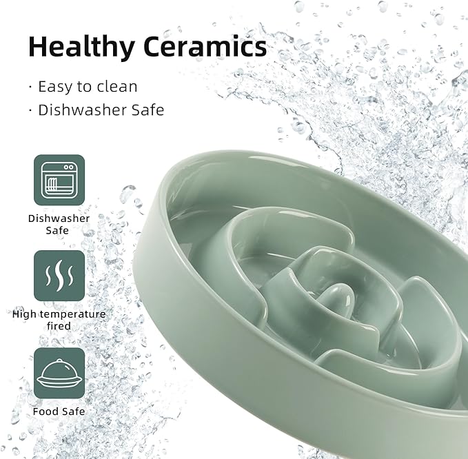 Ceramic Raised Slow Feeder Dog Bowl Set, Elevated 7.3inch Bowl and 8.2inch Puzzle Slow Dish with Wooden Stand for Medium and Large Dog, Anti-Gulping (2X Light Green+ Stand)