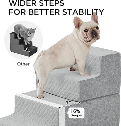 Made4Pets Dog Steps for Bed, Extra Wide Dog Stairs for High Bed Couch Sofa, 35D Foam Pet Steps for Small Dogs and Cats(Up to 40lbs), Non-Slip Bottom Pet Stairs, Light Grey, 4 Steps