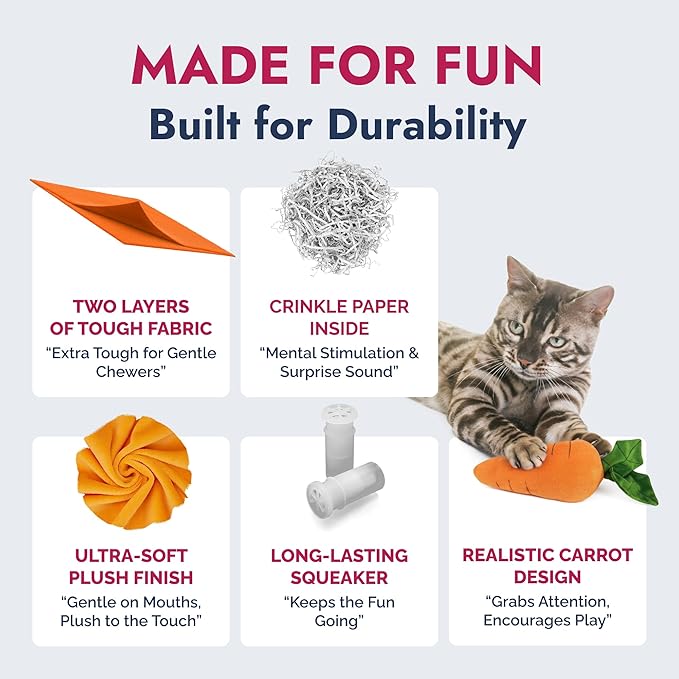 Pet Lou 8 Inch Carrot Plush Dog Toy for Soft Chewers – Durable Squeaky & Crinkle, Anti Boredom Chew Toy for Dogs, Cute Soft Stuffed Calming Indoor Pet Toy for All Dog Breeds