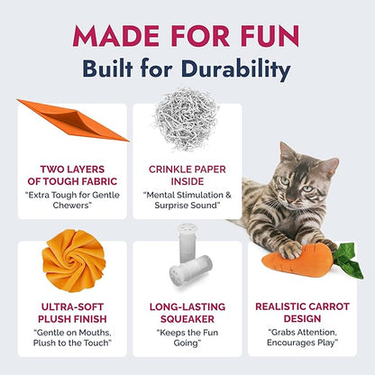 Pet Lou 8 Inch Carrot Plush Dog Toy for Soft Chewers – Durable Squeaky & Crinkle, Anti Boredom Chew Toy for Dogs, Cute Soft Stuffed Calming Indoor Pet Toy for All Dog Breeds