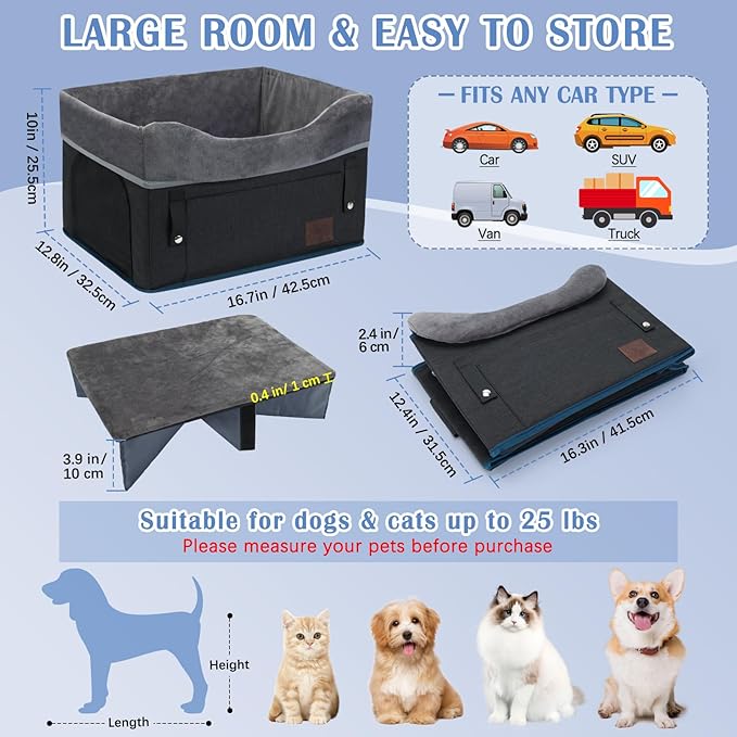 PetsHome Dog Car Seat for Small Dogs, Detachable Washable Dog Booster Car Seat with Storage Pocket, Breathable Mesh, Safety Leash, 2 Count Adjustable Straps for Small Pets Up to 25lbs-Black