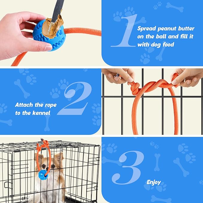 Engaging Chew Toys for Dogs - Puppy Crate Training Aids, Puzzle Treat Dispenser with Rope Ball for Reducing Stress and Anxiety, Compatible with Peanut Butter Treats (Blue)