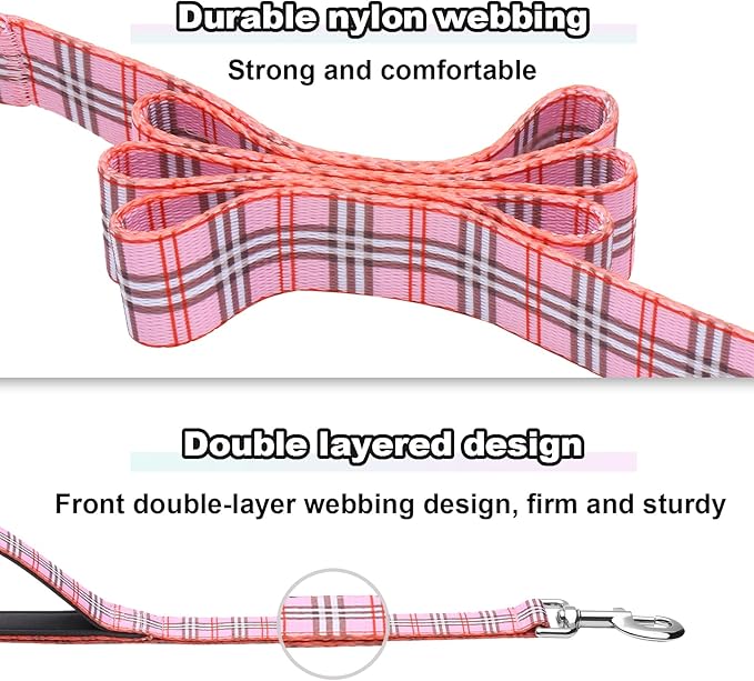 5ft Dog Leash with Two Padded Handles, Heavy Duty Strong Nylon Pet Leash with Soft Neoprene Handle for Small Medium Large Dogs, Pink Plaid