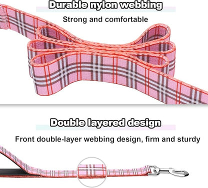 5ft Dog Leash with Two Padded Handles, Heavy Duty Strong Nylon Pet Leash with Soft Neoprene Handle for Small Medium Large Dogs, Pink Plaid