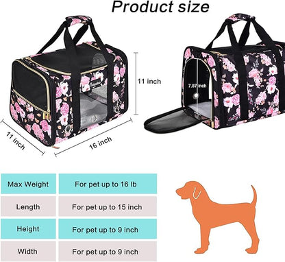 Petmolico Cat Carrier Soft-Sided Pet Bag for Small Medium Cats Puppies 16LBs - Airline Approved Pet Travel Carrier 3 Open Doors (Medium,Pink Peony)