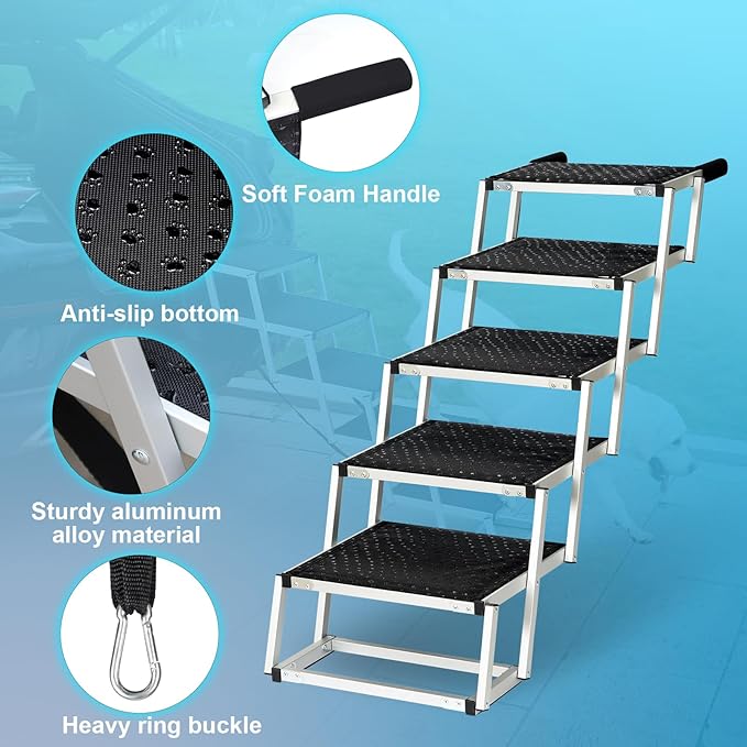 Uross Dog Stairs for Car 5 Steps - Collapsible Dog Steps Ramp for Car and SUV, Aluminum Pet Ramp Stairs for Large Dogs,Telescoping Ladder for Truck, High Bed