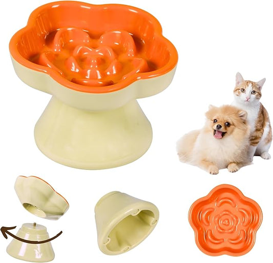 Detachable Slow Feeder Cat Bowl, Unbreakable Elevated Cat Bowls - Heavy Weighted, Non-Slip Raised Slow Feeder, Tilted Small Dogs Slow Feeders Bowl, Dry & Wet Food, Whisker Friendly (Orange, 5.8")