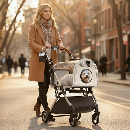 Magshion Dog Stroller with Detachable Carrier, Clear PC Dome Pet Stroller for Small & Medium Dogs & Cats up to 33 lbs, Lightweight Foldable Pet Cart, PU Wheels, Storage Basket & Cup Holder