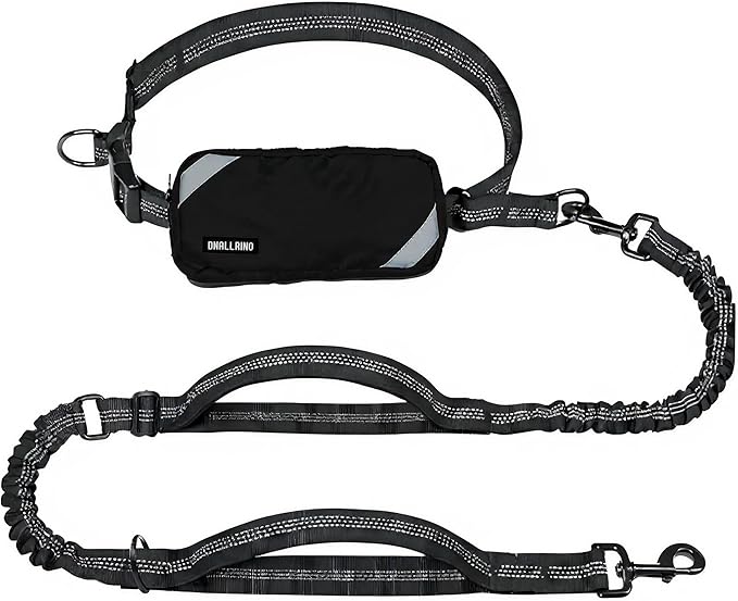 Hands Free Dog Leash with Waterproof Pouch, Adjustment Bungee Leash with Dual Soft Padded Handles for Hiking, Walking, Jogging and Running Your Dogs(Black)