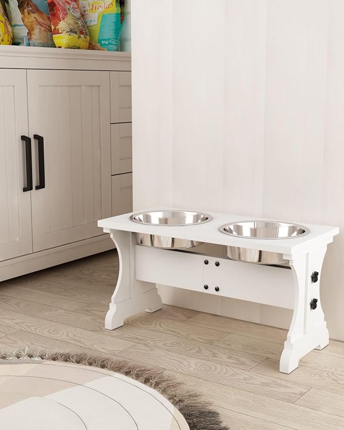 Piskyet Elevated Dog Bowls,Farmhouse Dog Bowls Stand, Raised Dog Bowl with 2 Stainless Steel Wooden Dog Bowls,7 Cups 11''H_55 oz Bowl-White, GWJ-01
