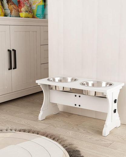 Piskyet Elevated Dog Bowls,Farmhouse Dog Bowls Stand, Raised Dog Bowl with 2 Stainless Steel Wooden Dog Bowls,7 Cups 11''H_55 oz Bowl-White, GWJ-01