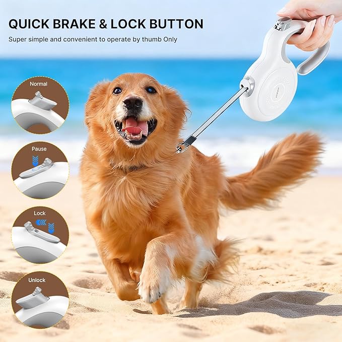 AutoBrake Retractable Dog Leash for Medium and Large Dogs, 360° Tangle-Free Dog Leash and 10Ft Strong Nylon Tape, Ergonomically Comfortable and Lightweight Grip Handle (White)