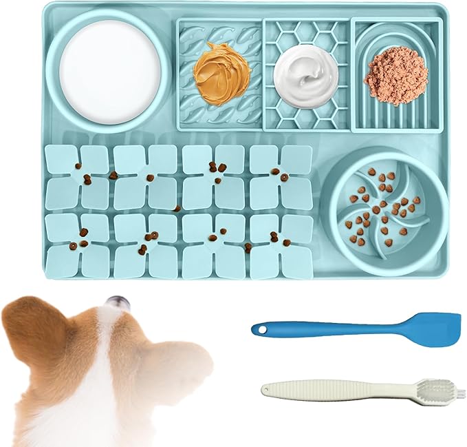 Lick Mat for Dogs Includes Brush and Scraper, Snuffle Mat Silicone Anti-chocking Pet Dish, Non-Slip Dog Licking Bowl Interactive Entertainment Puzzle Toy Mint Green